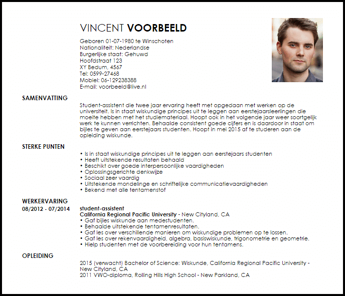 Voorbeeld Cv Student Assistent Livecareer