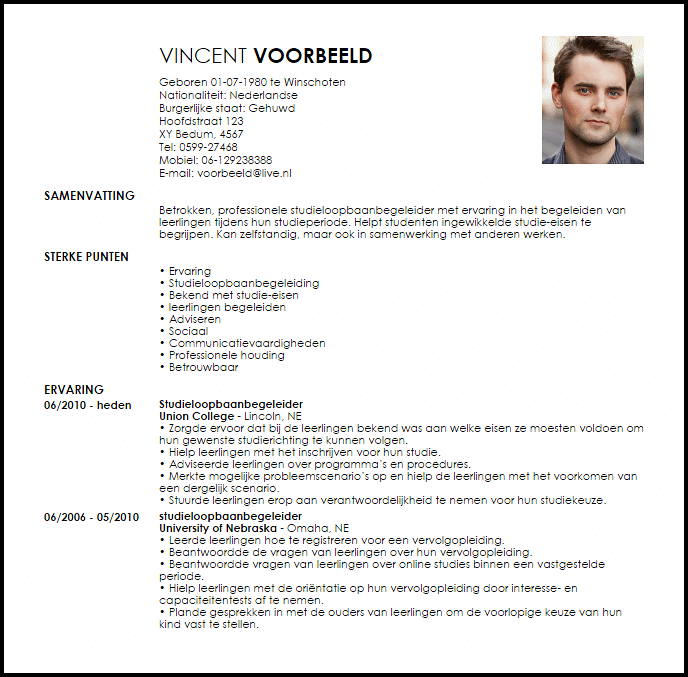 studieloopbaanbegeleider voorbeeld cv