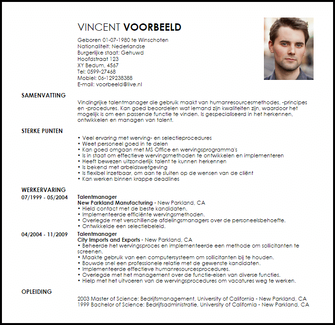 talentmanager voorbeeld cv