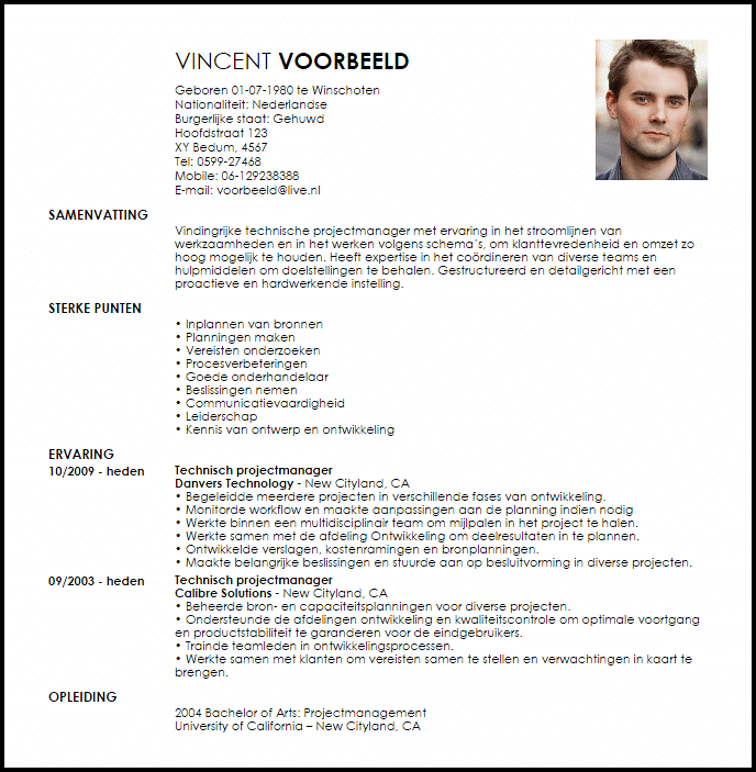 technical projectmanager voorbeeld cv