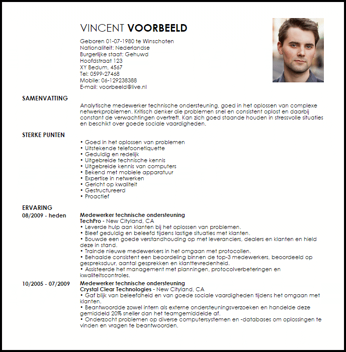 technical support representative voorbeeld cv