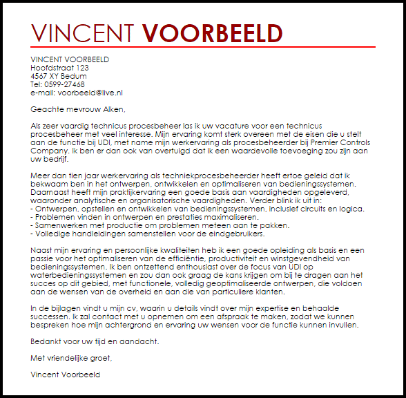 Voorbeeld Sollicitatiebrief Technicus Procesbeheer Livecareer