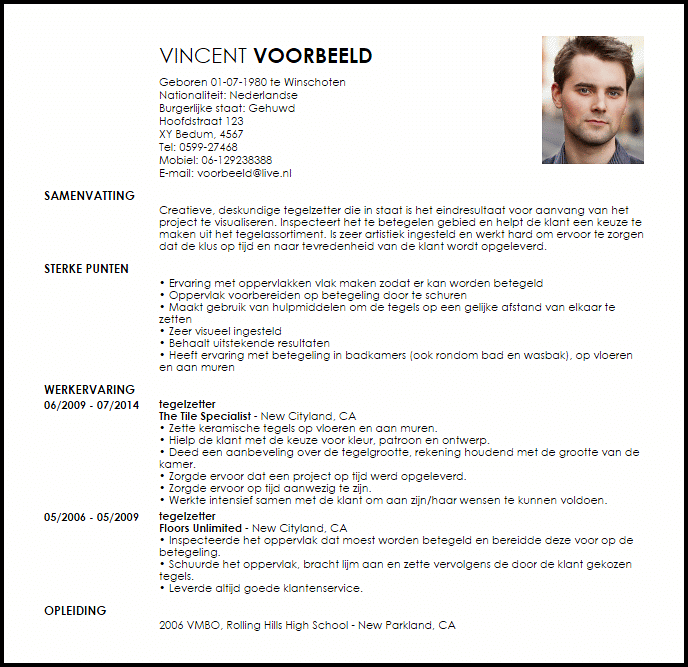 tegelzetter voorbeeld cv