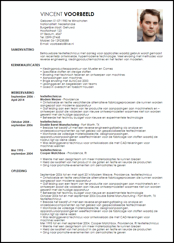 textieltechnicus voorbeeld cv