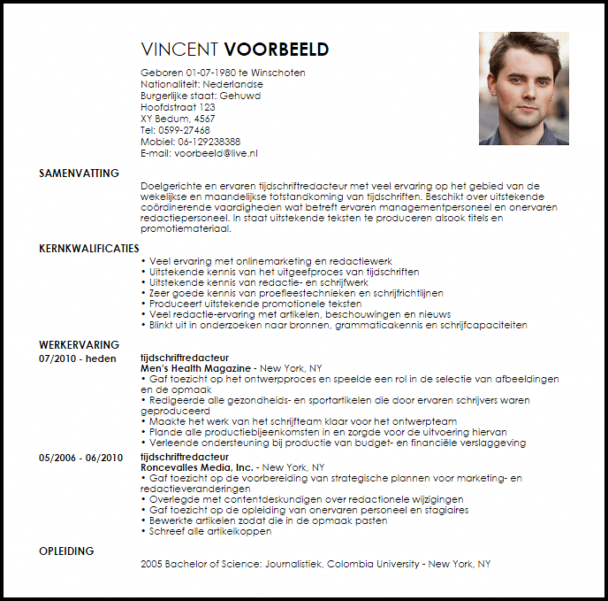 tijdschriftredacteur voorbeeld cv