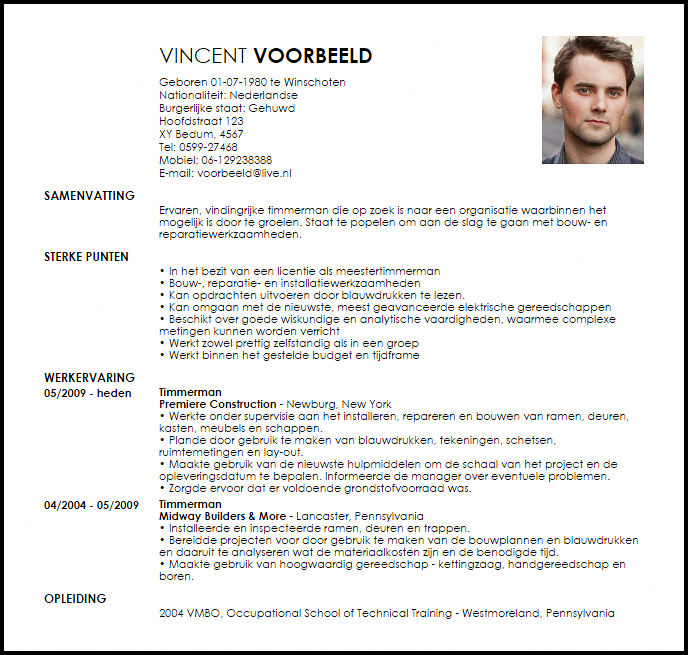 timmerman voorbeeld cv