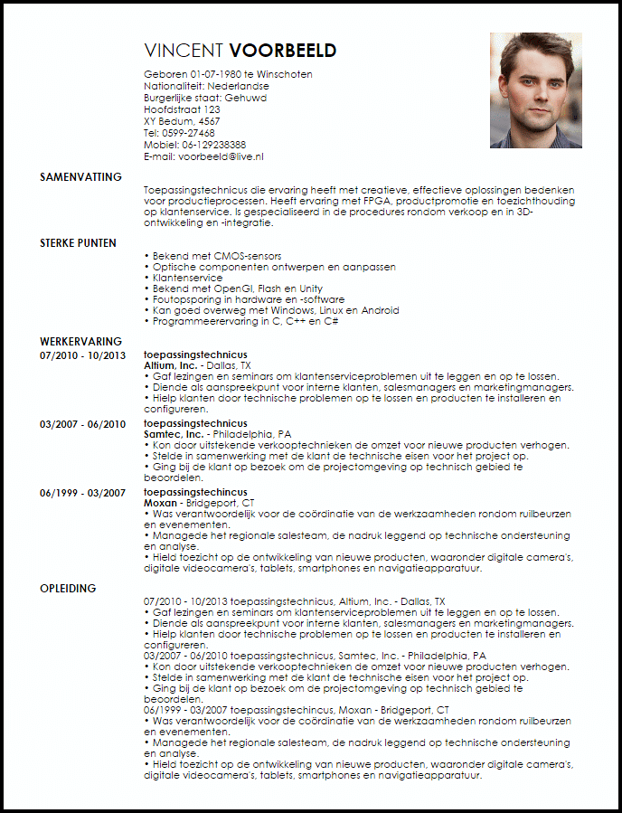 toepassingstechnicus voorbeeld cv