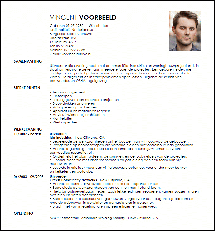 uitvoerder voorbeeld cv