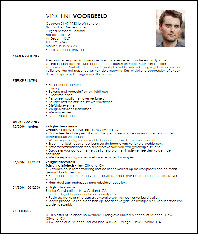 veiligheidsadviseur voorbeeld cv