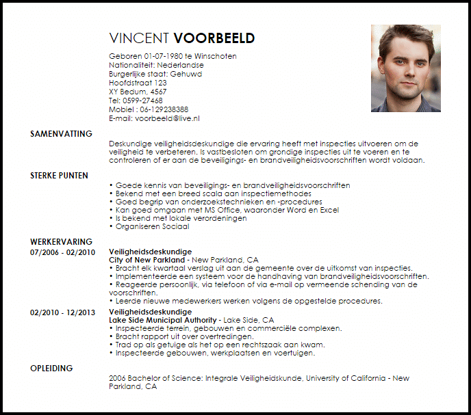 veiligheidsdeskundige voorbeeld cv