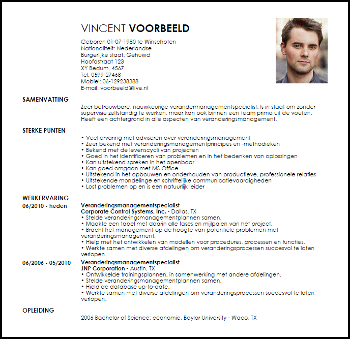 veranderingsmanagementspecialist voorbeeld cv