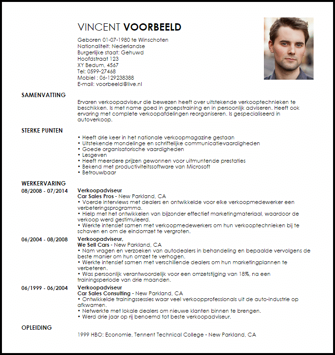 verkoopadviseur voorbeeld cv