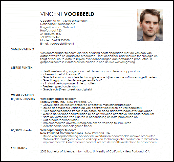 verkoopmanager telecom voorbeeld cv