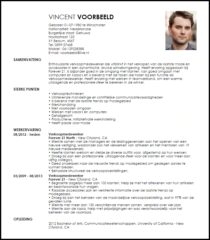 verkoopmedewerker voorbeeld cv