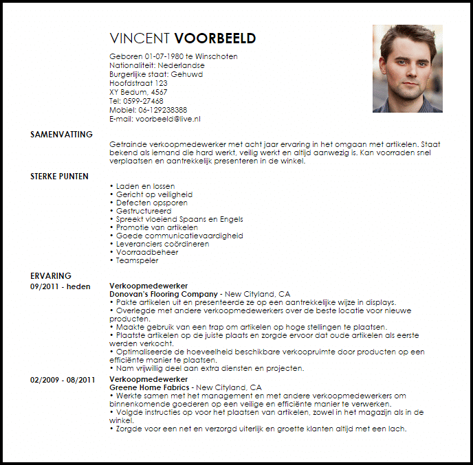 verkoopmedewerker voorbeeld cv