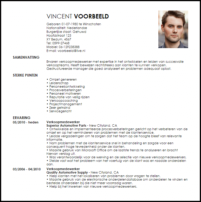 verkoopmedewerker voorbeeld cv