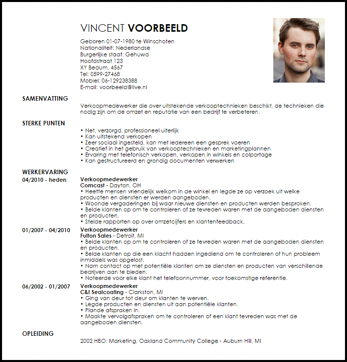 Voorbeeld Curriculum Vitae Verkoopmedewerker Livecareer