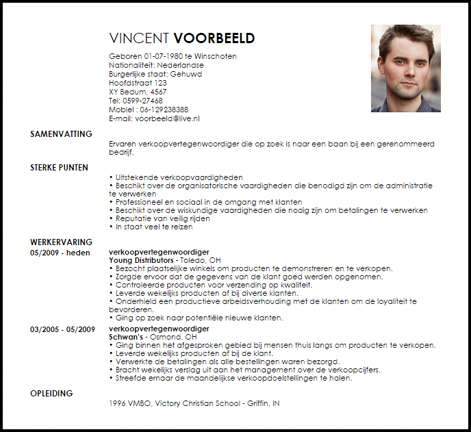 verkoopvertegenwoordiger voorbeeld cv