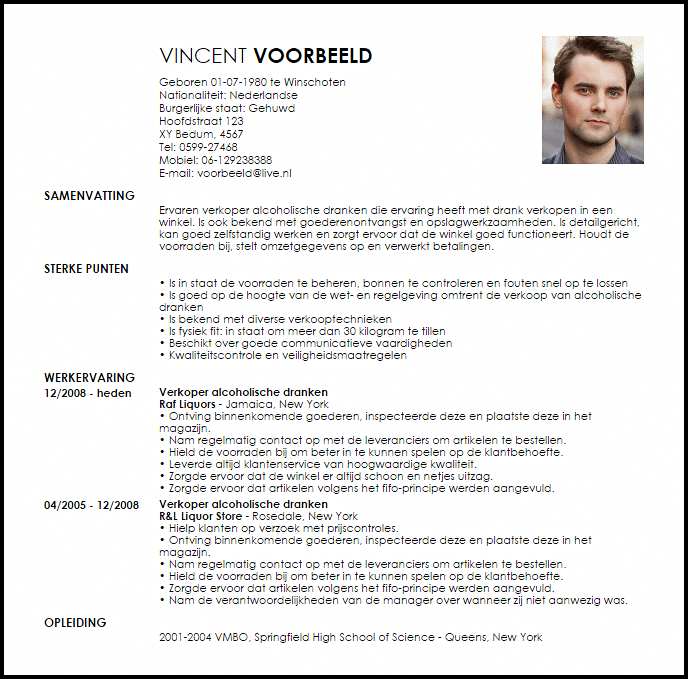 verkoper alcoholische dranken voorbeeld cv