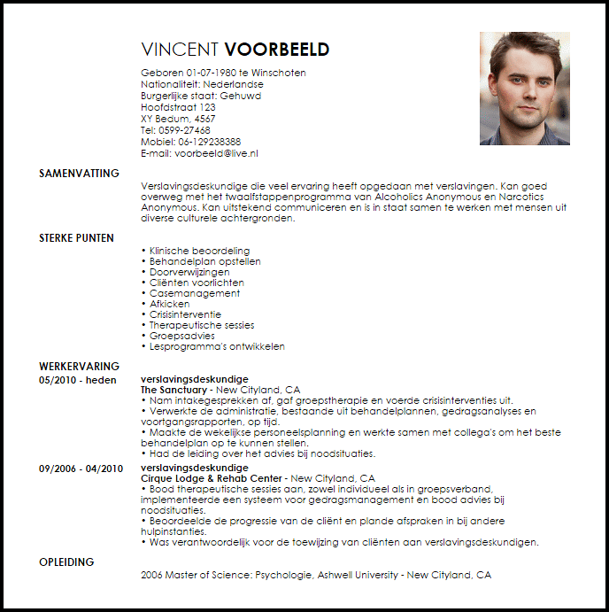 verslavingsdeskundige voorbeeld cv