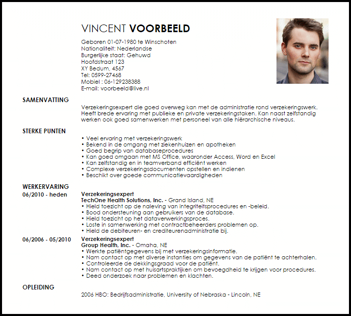 verzekeringsexpert voorbeeld cv