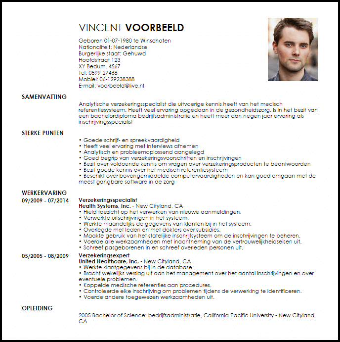 verzekeringsspecialist voorbeeld cv