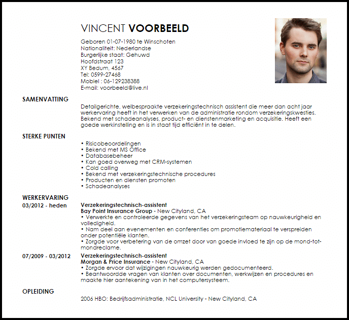 verzekeringstechnisch assistent voorbeeld cv