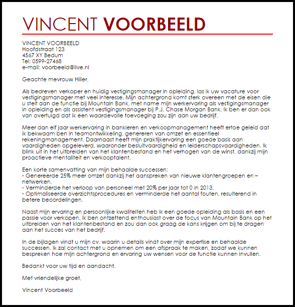 Voorbeeld Sollicitatiebrief Vestigingsmanager In Opleiding Livecareer