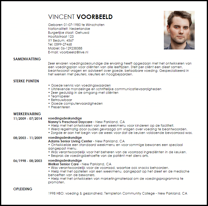 voedingsdeskundige voorbeeld cv