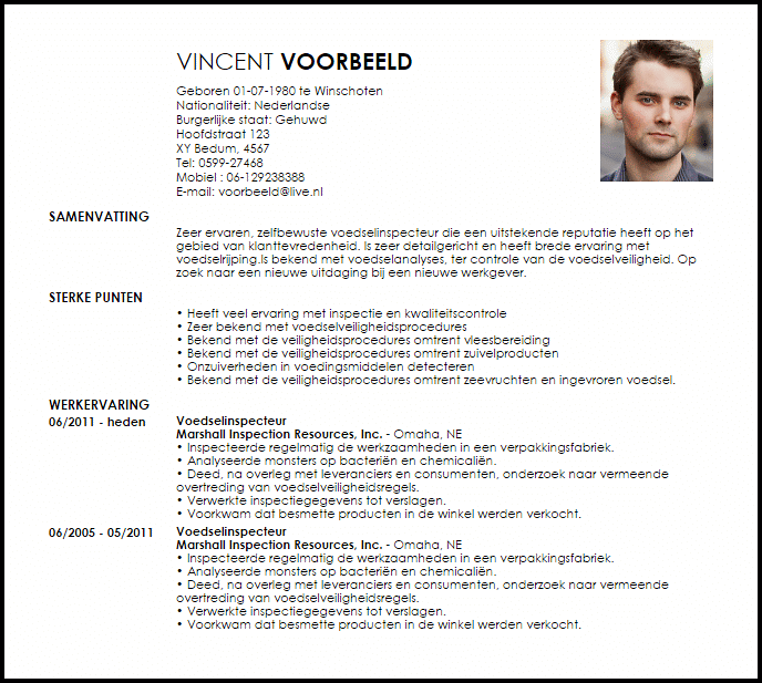 voedselinspecteur voorbeeld cv