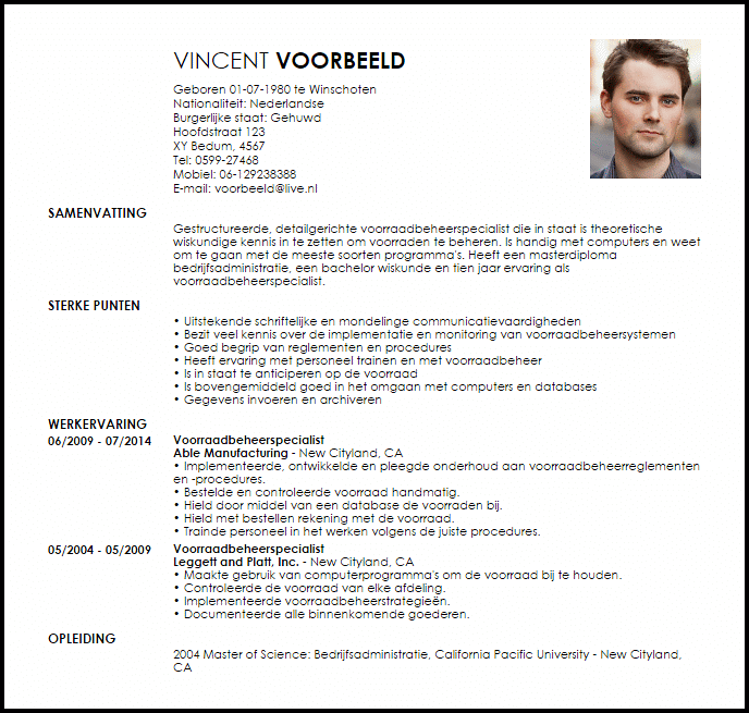 voorraadbeheerspecialist voorbeeld cv