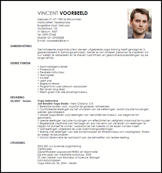 yoga instructor voorbeeld cv