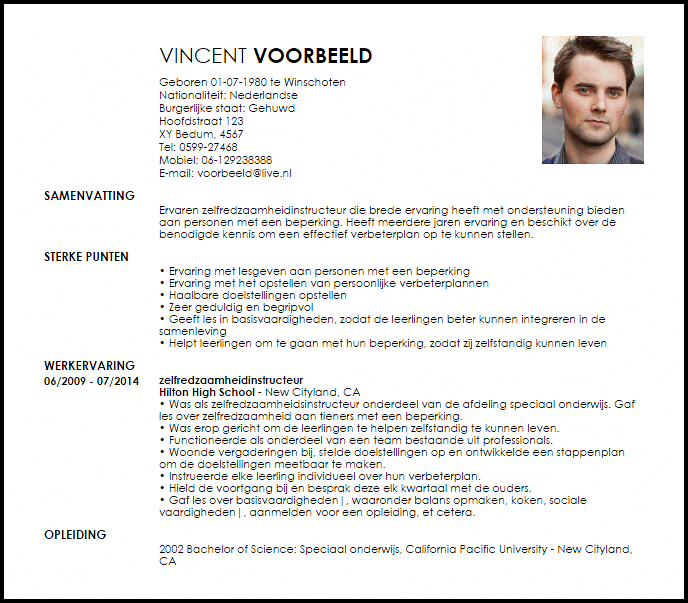 zelfredzaamheidinstructeur voorbeeld cv