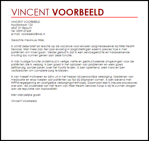 Voorbeeld Sollicitatiebrief Zorgmedewerker Livecareer